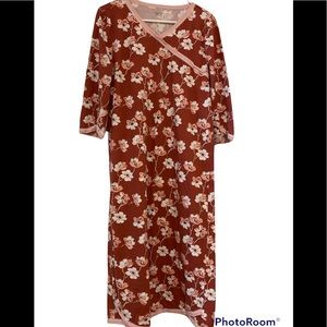 GARNET HILL Green Cotton Cherry  Blossom Nightgown Asian Wrap 3/4 Sleeve Size L